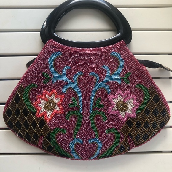 Handbags - Embroidered Beaded Handbag - Multicolor